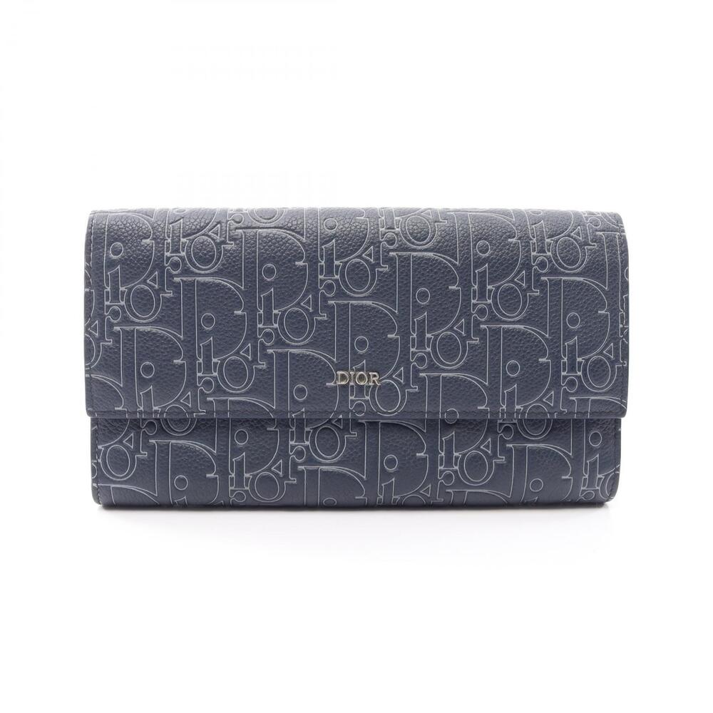 Christian Dior Long Flap Wallet Gravity Outline Bifold Leather Navy Blue